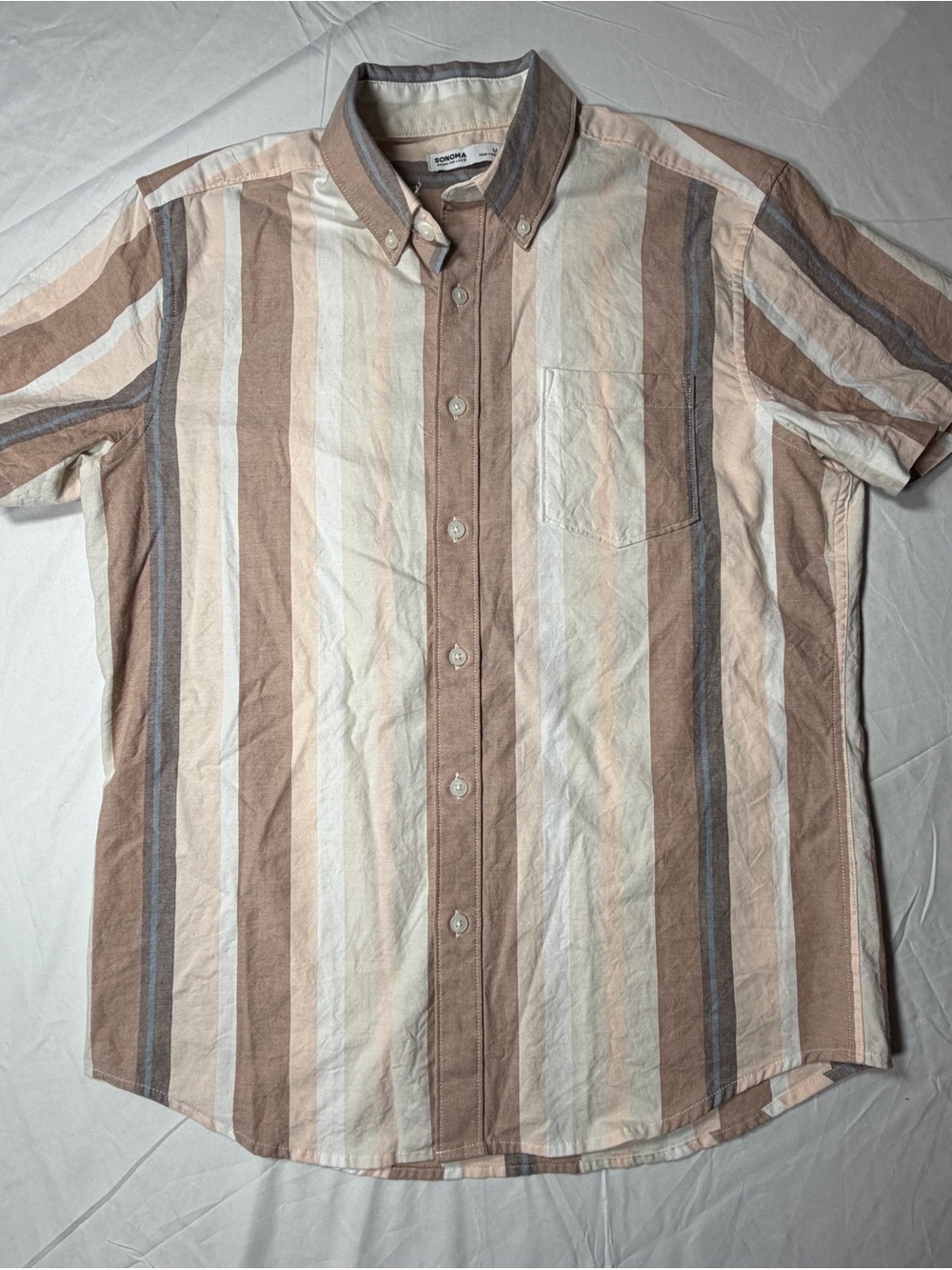 Men's Striped Short-Sleeve Button-Down Shirt - Beige/Cream